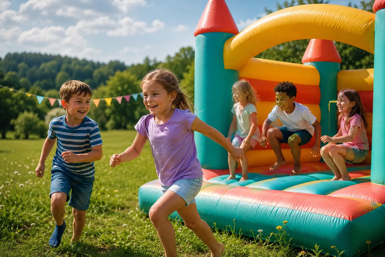 Glückliche Kinder spielen gemeinsam auf einer bunten Hüpfburg